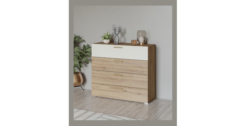 Commode VERTIGO – 4 tiroirs – Chêne sauvage et beige sable – Poignées dorées