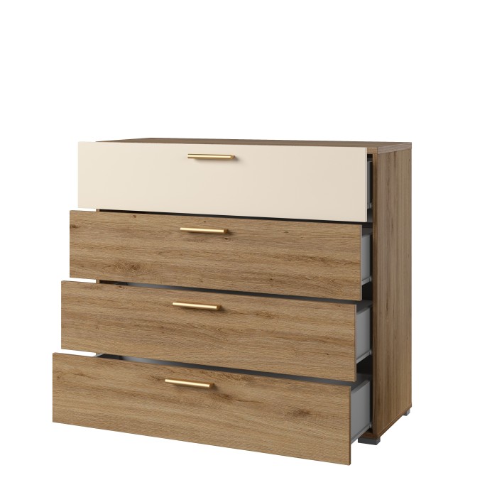 Commode VERTIGO – 4 tiroirs – Chêne sauvage et beige sable – Poignées dorées
