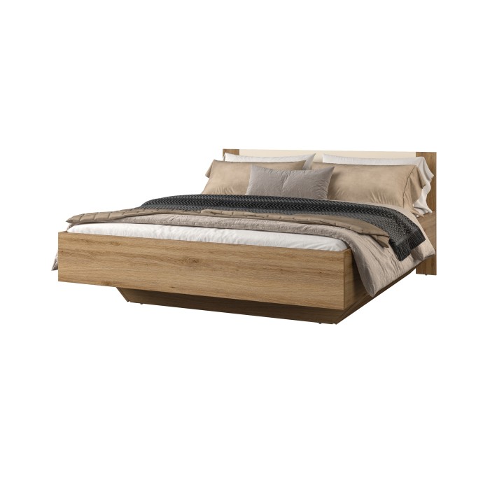 Lit VERTIGO – 160x200 cm – Chêne sauvage et beige sable – Sans sommier – Pied de lit design