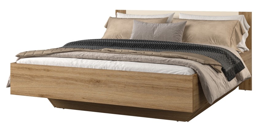 Lit VERTIGO – 160x200 cm – Chêne sauvage et beige sable – Sans sommier – Pied de lit design
