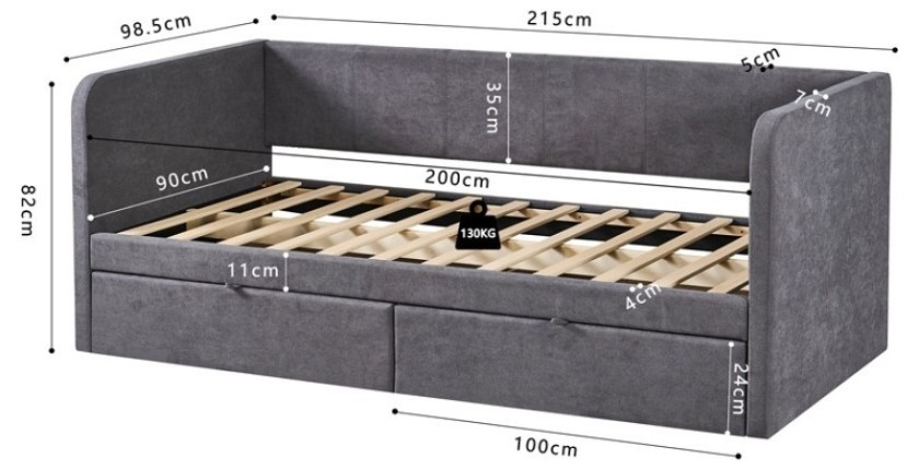 Letto PARMA 90x200 cm – Tessuto grigio – Rete inclusa – Design moderno e struttura robusta