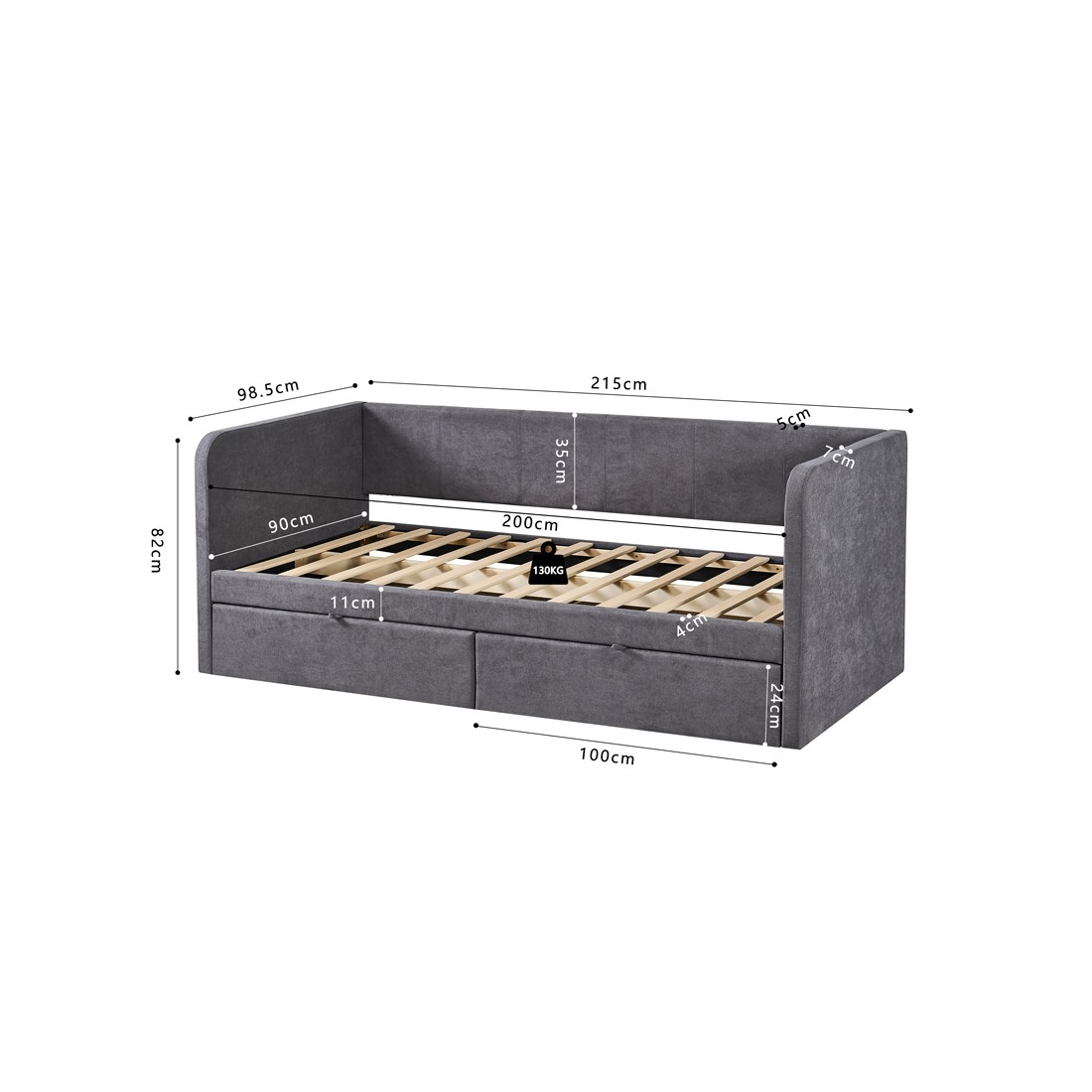 Letto PARMA 90x200 cm – Tessuto grigio – Rete inclusa – Design moderno e struttura robusta
