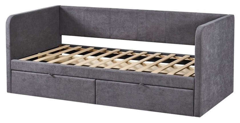 Lit PARME 90x200 cm – Tissu gris – Sommier inclus – Design moderne et structure robuste