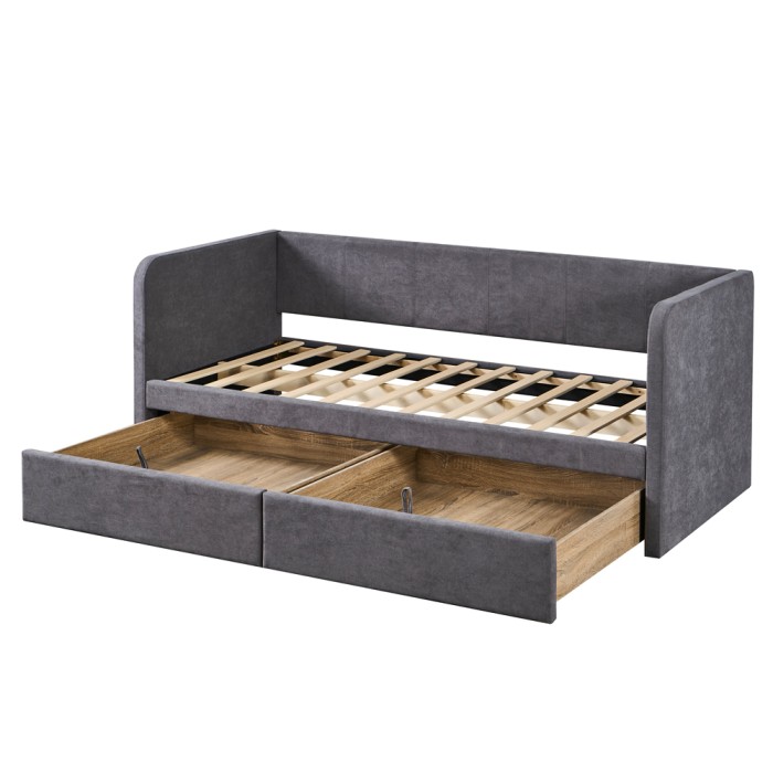 Bed PARME 90x200 cm – Stof grijs – Inclusief lattenbodem – Modern ontwerp en robuuste structuur