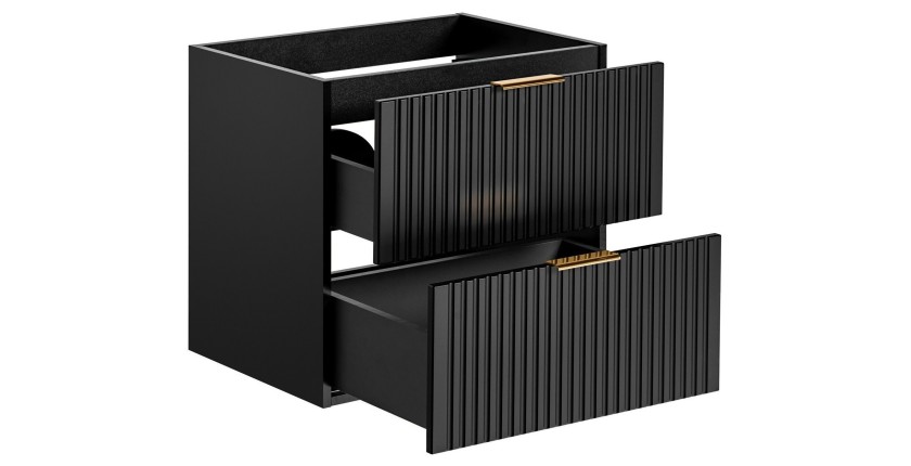 Meuble sous vasque NOXERA – 60 cm – 2 tiroirs – Noir mat – Design rainuré suspendu 
