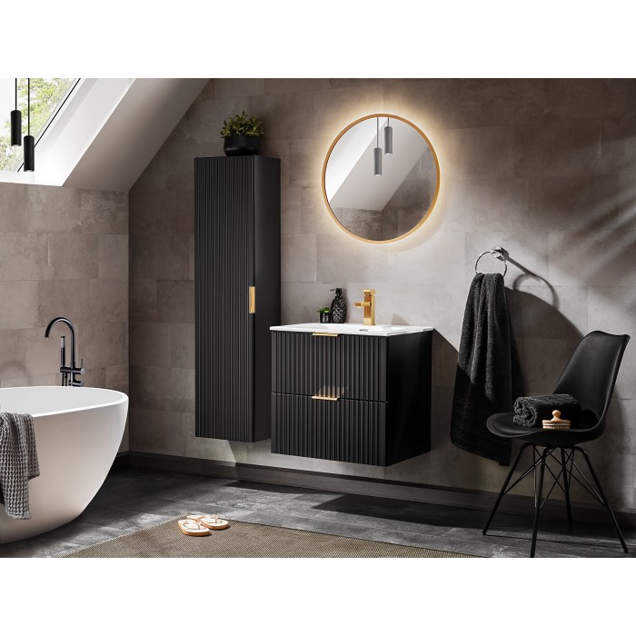 Meuble sous vasque NOXERA – 60 cm – 2 tiroirs – Noir mat – Design rainuré suspendu 