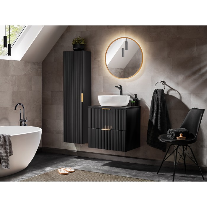 Meuble sous vasque NOXERA – 60 cm – 2 tiroirs – Noir mat – Design rainuré suspendu 