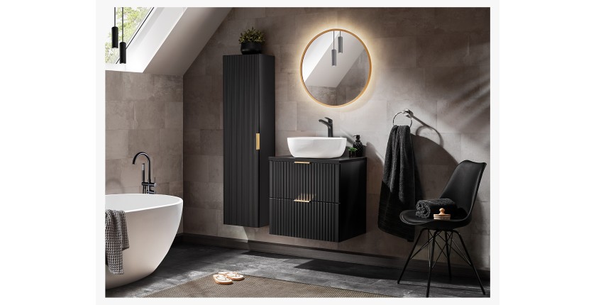 Meuble sous vasque NOXERA – 60 cm – 2 tiroirs – Noir mat – Design rainuré suspendu 