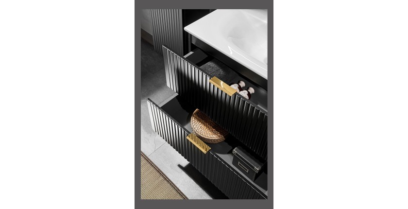 Meuble sous vasque NOXERA – 60 cm – 2 tiroirs – Noir mat – Design rainuré suspendu 