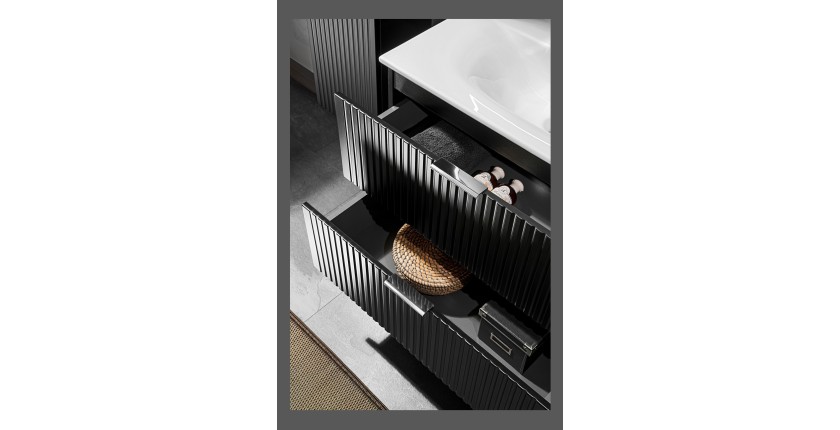 Meuble sous vasque NOXERA – 60 cm – 2 tiroirs – Noir mat – Design rainuré suspendu 