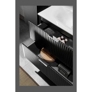 Meuble sous vasque NOXERA – 60 cm – 2 tiroirs – Noir mat – Design rainuré suspendu 