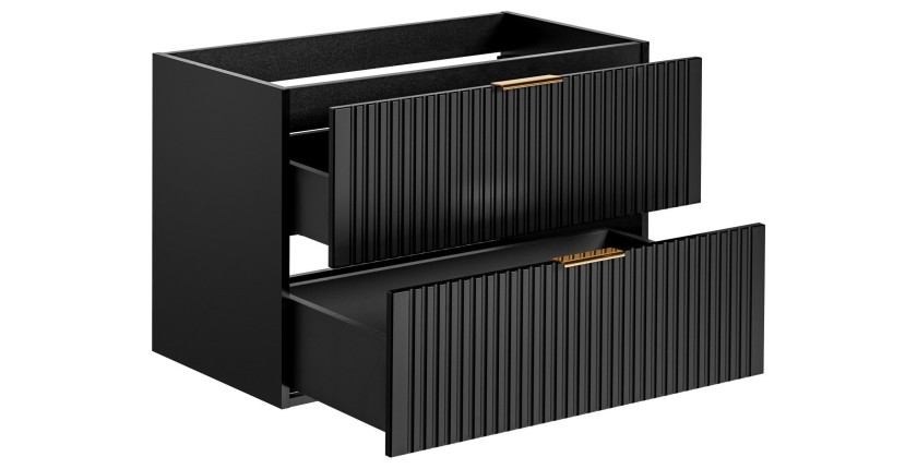 Meuble sous vasque NOXERA – 80 cm – 2 tiroirs – Noir mat – Finition rainurée suspendue 