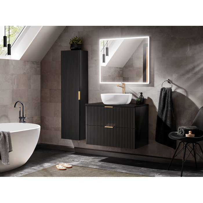 Meuble sous vasque NOXERA – 80 cm – 2 tiroirs – Noir mat – Finition rainurée suspendue 