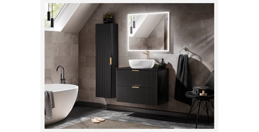 Meuble sous vasque NOXERA – 80 cm – 2 tiroirs – Noir mat – Finition rainurée suspendue 