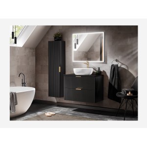 Meuble sous vasque NOXERA – 80 cm – 2 tiroirs – Noir mat – Finition rainurée suspendue 