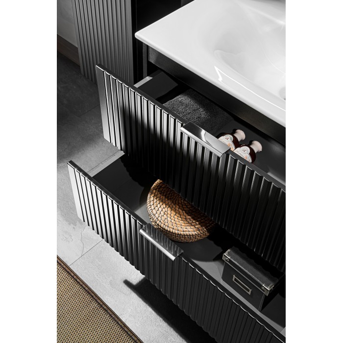 Meuble sous vasque NOXERA – 80 cm – 2 tiroirs – Noir mat – Finition rainurée suspendue 