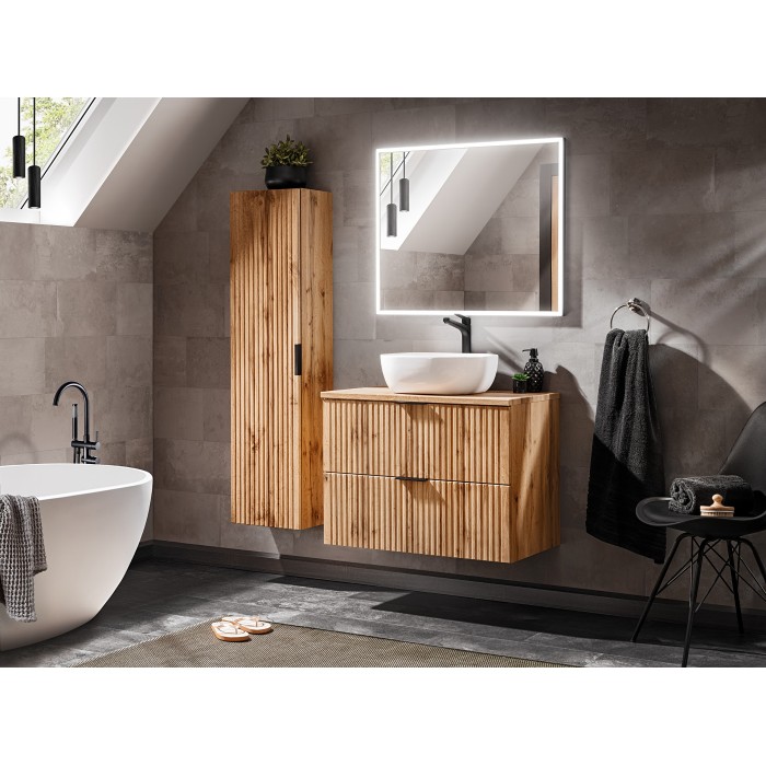 Meuble sous vasque NOXERA – 60 cm – 2 tiroirs – Coloris chêne wotan – Meuble suspendu moderne 
