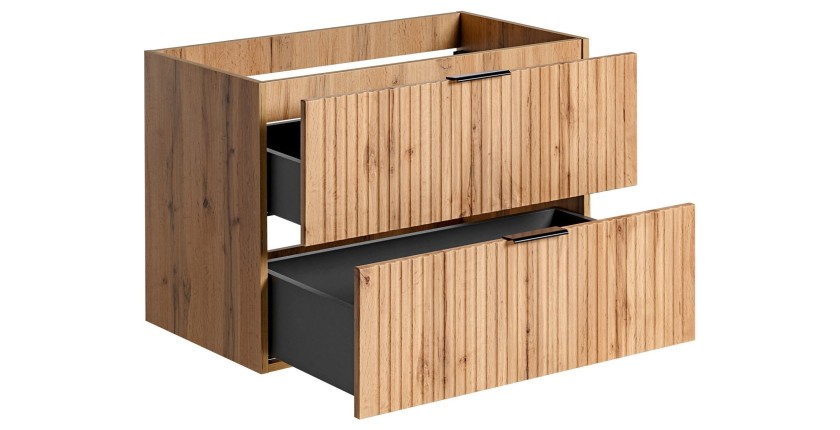 Meuble sous vasque NOXERA – 80 cm – 2 tiroirs – Coloris chêne wotan – Meuble suspendu élégant 