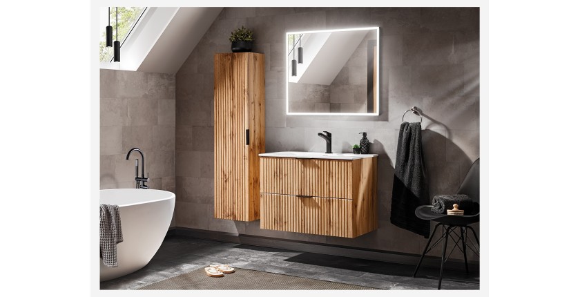 Meuble sous vasque NOXERA – 80 cm – 2 tiroirs – Coloris chêne wotan – Meuble suspendu élégant 