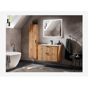 Meuble sous vasque NOXERA – 80 cm – 2 tiroirs – Coloris chêne wotan – Meuble suspendu élégant 