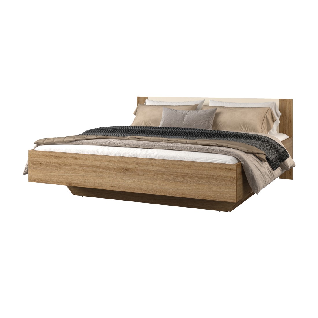 Lit VERTIGO – 180x200 cm – Chêne sauvage et beige sable – Sans sommier – Pied de lit design