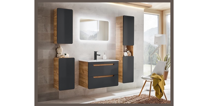 Colonne salle de bain suspendue ERBANO – 1 porte – Coloris chêne clair et gris anthracite – H170 cm 