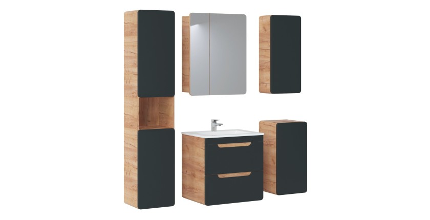 Meuble sous vasque suspendu ERBANO – 60 cm – Coloris chêne clair et gris anthracite 