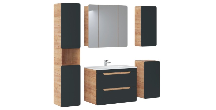 Meuble sous vasque suspendu ERBANO – 80 cm – Coloris chêne clair et gris anthracite 