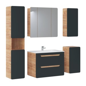 Meuble sous vasque suspendu ERBANO – 80 cm – Coloris chêne clair et gris anthracite 