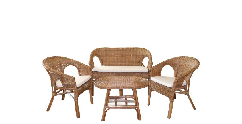 Salon de jardin en rotin collection SIENNE – Canapé 2 places, 2 fauteuils et table – Élégance naturelle et confort