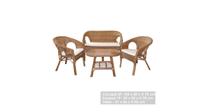 Salon de jardin en rotin collection SIENNE – Canapé 2 places, 2 fauteuils et table – Élégance naturelle et confort
