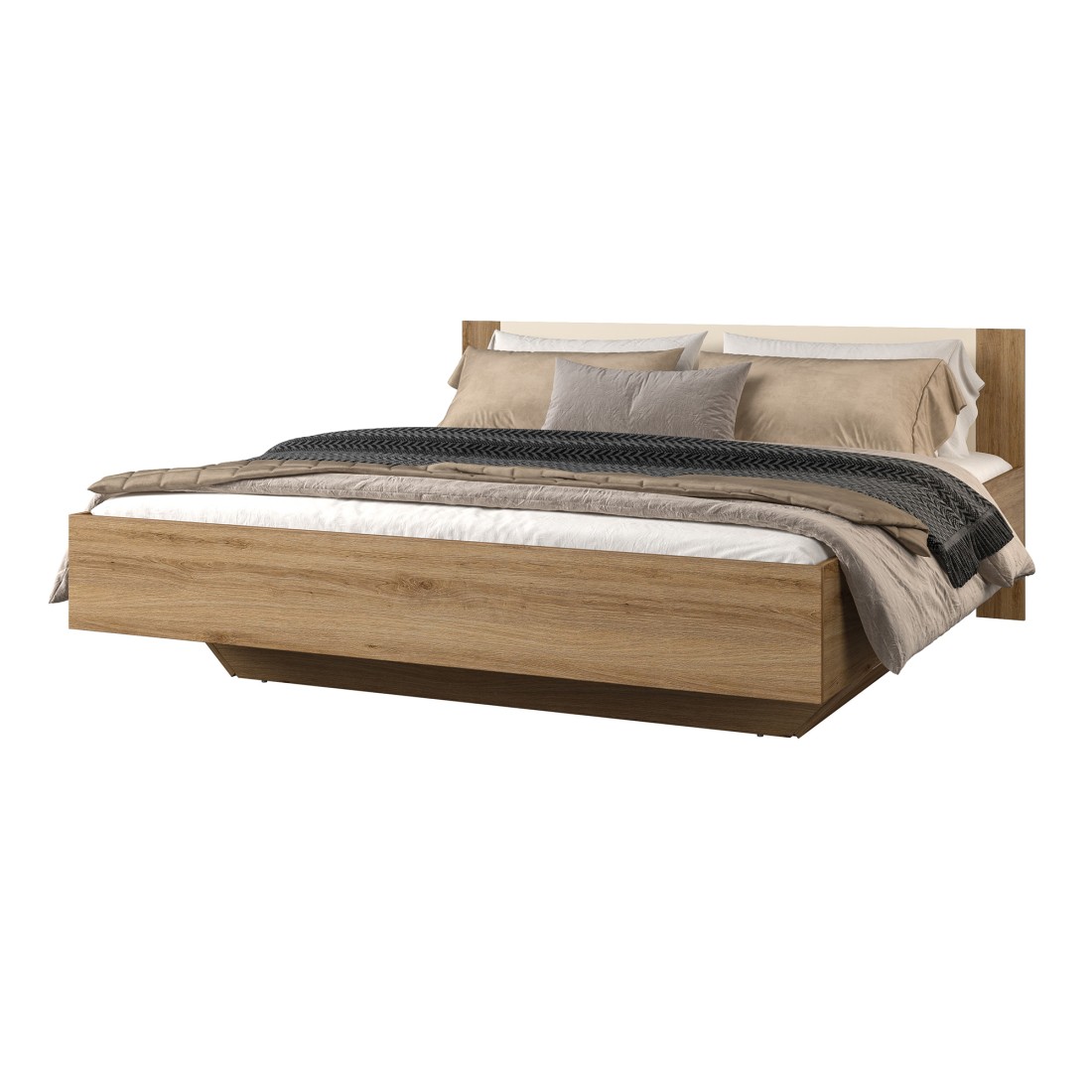 Lit coffre VERTIGO – 160x200 cm – Wilde Eiche und Sandbeige – Mit Designfüßen und Lattenrost inklusive