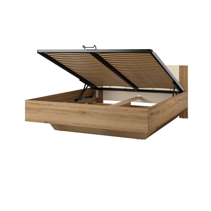 Lit coffre VERTIGO – 160x200 cm – Chêne sauvage et beige sable – Avec pied design et sommier inclus