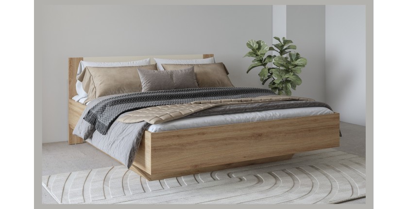 Lit coffre VERTIGO – 160x200 cm – Wilde Eiche und Sandbeige – Mit Designfüßen und Lattenrost inklusive