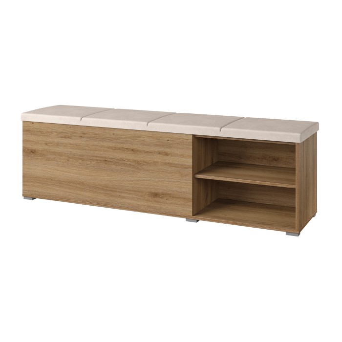 Banc-coffre VERTIGO – Assise rembourrée – Chêne sauvage et beige sable – Rangement pratique
