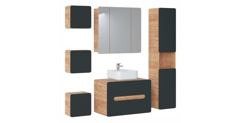Meuble de rangement salle de bain suspendu ERBANO – Chêne clair et gris anthracite – 35 x 22 x 35 cm 