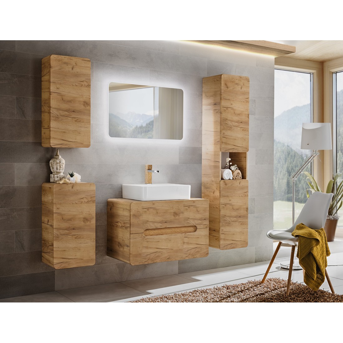 Colonne de salle de bain suspendue ERBANO – 2 portes – H170 cm – Coloris chêne clair 