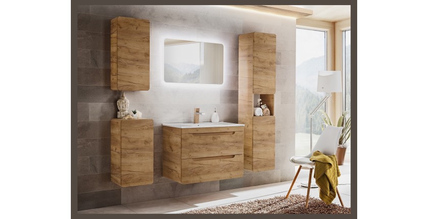 Meuble de rangement salle de bain ERBANO – 1 porte – Coloris chêne clair – Compact et suspendu 