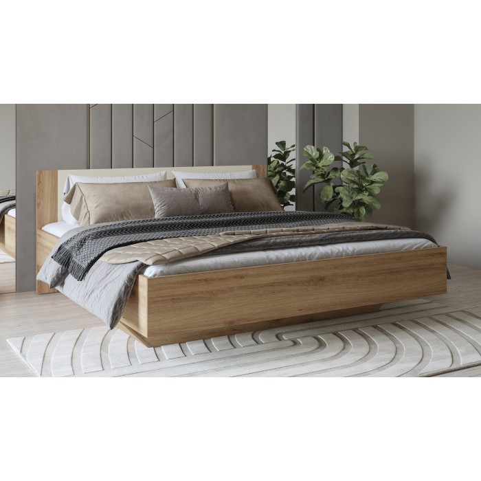 Lit VERTIGO – 180x200 cm mit Lattenrost inklusive – Wildeiche und Sandbeige – Designfuß