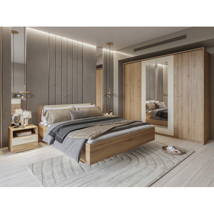 Lit VERTIGO – 180x200 cm avec sommier inclus – Chêne sauvage et beige sable – Pied de lit design