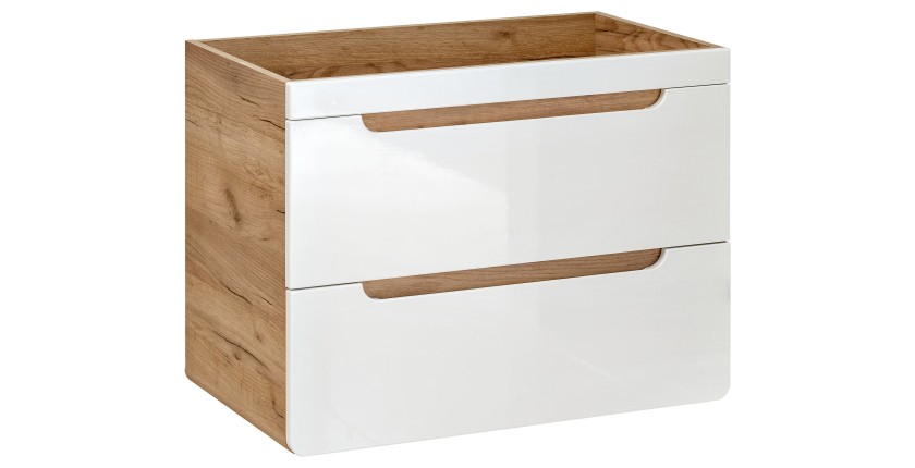 Meuble sous vasque ERBANO – Chêne clair et blanc brillant – 60x59 cm – 2 tiroirs – À suspendre 