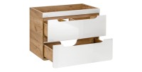 Meuble sous vasque ERBANO – Chêne clair et blanc brillant – 80x59 cm – 2 tiroirs – À suspendre 