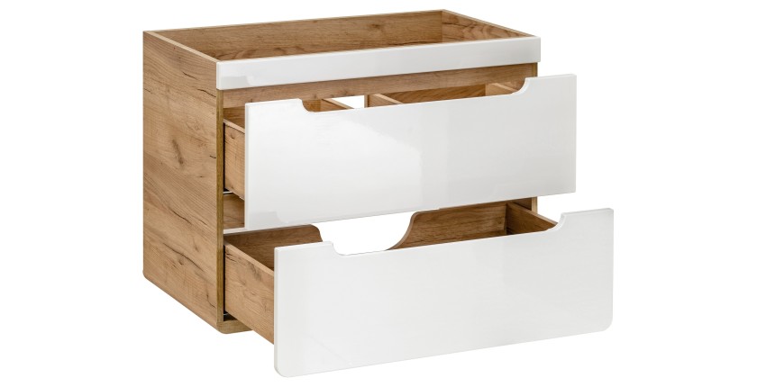 Meuble sous vasque ERBANO – Chêne clair et blanc brillant – 80x59 cm – 2 tiroirs – À suspendre 