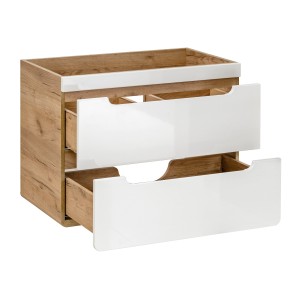Meuble sous vasque ERBANO – Chêne clair et blanc brillant – 80x59 cm – 2 tiroirs – À suspendre 