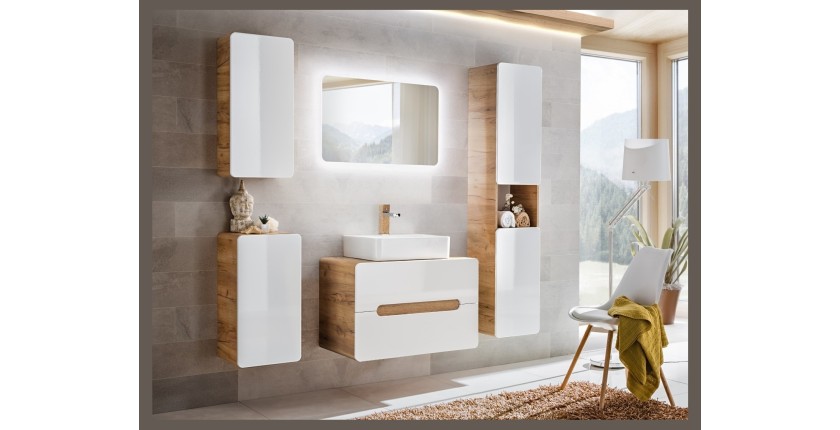 Colonne salle de bain ERBANO – Eichenholz hell und Hochglanzweiß – 35x170 cm – 2 Türen – Zum Aufhängen