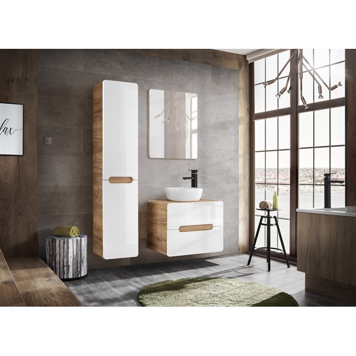 Colonne salle de bain ERBANO – Chêne clair et blanc brillant – H170 cm – 2 portes – À suspendre