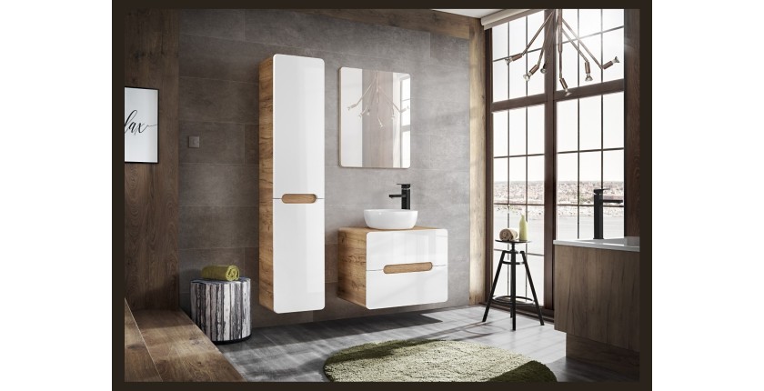 Colonne salle de bain ERBANO – Chêne clair et blanc brillant – H170 cm – 2 portes – À suspendre