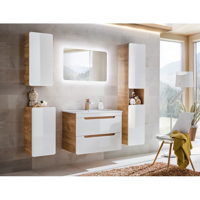 Mueble de baño ERBANO – Roble claro y blanco brillante – 35x68 cm – 1 puerta – Para colgar