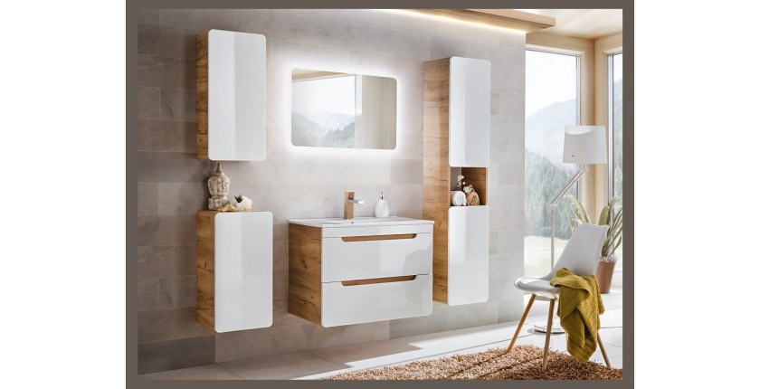 Meuble salle de bain ERBANO – Chêne clair et blanc brillant – 35x68 cm – 1 porte – À suspendre