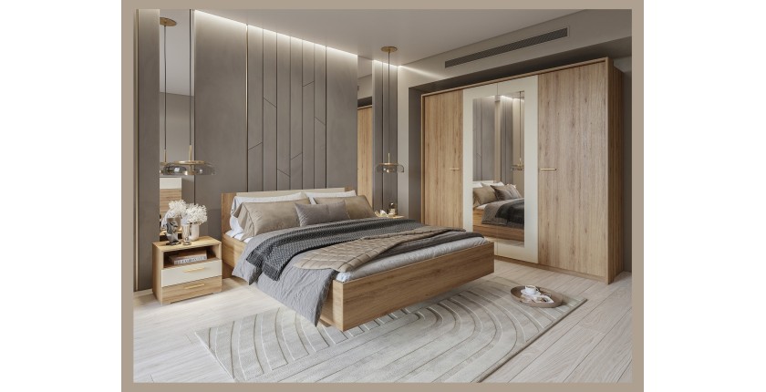 Complete slaapkamer VERTIGO - Bed 160x200 met lattenbodem, 2 nachtkastjes, kledingkast met 4 deuren + design omlijsting